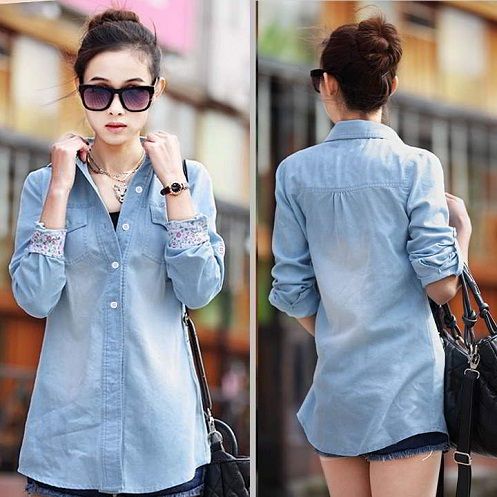 Moterys Denim Long Sleeves Shirts