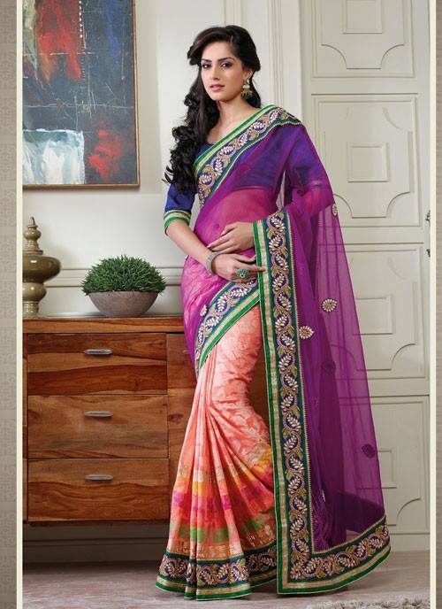 11. Pink and peach colour net chanderi saree with patch works