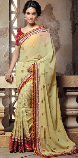 13. Lemon yellow coloured designer cotton-silk party wear chanderi saree