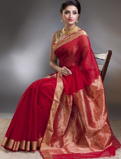 2. Red silk cotton chanderi saree with golden border