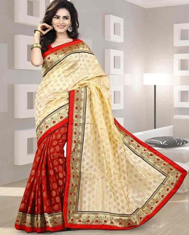 5. Red and cream designer chanderi silk saree