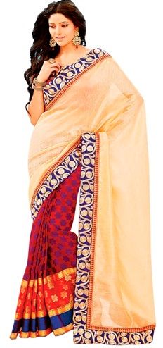 9. Red and beige chanderi saree with golden embroidery