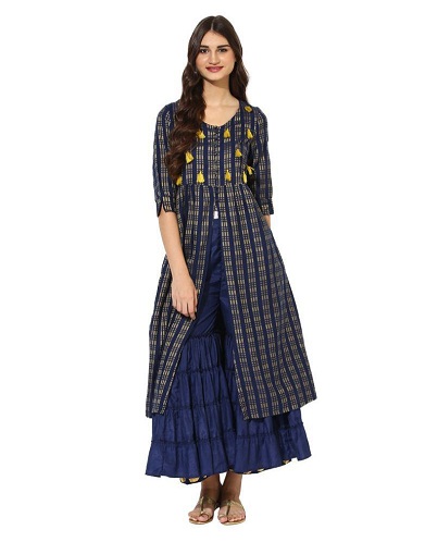 Navy Cotton Silk Kurtis In Double Layered