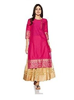 V Neck Faux Silk Brocade Print Pink Centre Slit Straight Kurta