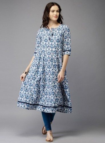 Women Blue Printed A-Line Silk Long Kurta