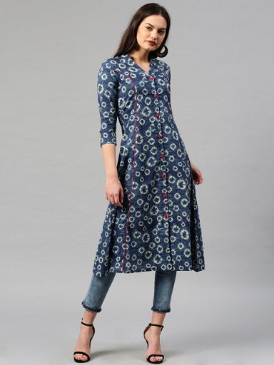 Women A-Line Printed Navy Kurta