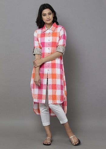 Pink and Blue Check Pure Silk kurta