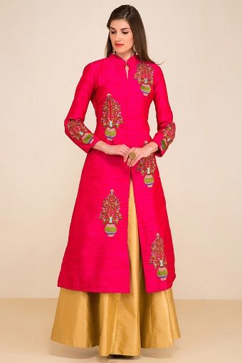 Magenta Silk Designer Front Slit Kurta