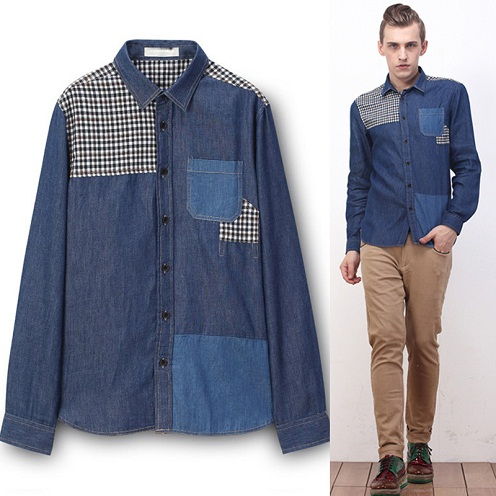 Plaid side denim shirt for men