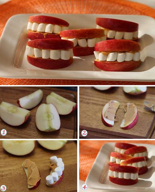 Helovinas Teeth Recipe - Easy recipes - apples, peanut butter, marshmallows + silliness