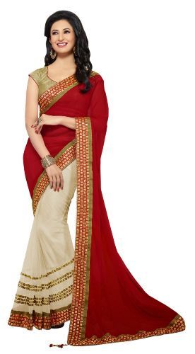 Half Sarees-13 Dark Red And Off-White Chiffon-Net Half