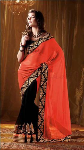 Half Sarees-14 Designer Black-Orange Half And Half Saree