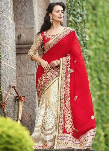 Half Sarees-18 Lustrous Red And Cream Georgette Half-Half Saree