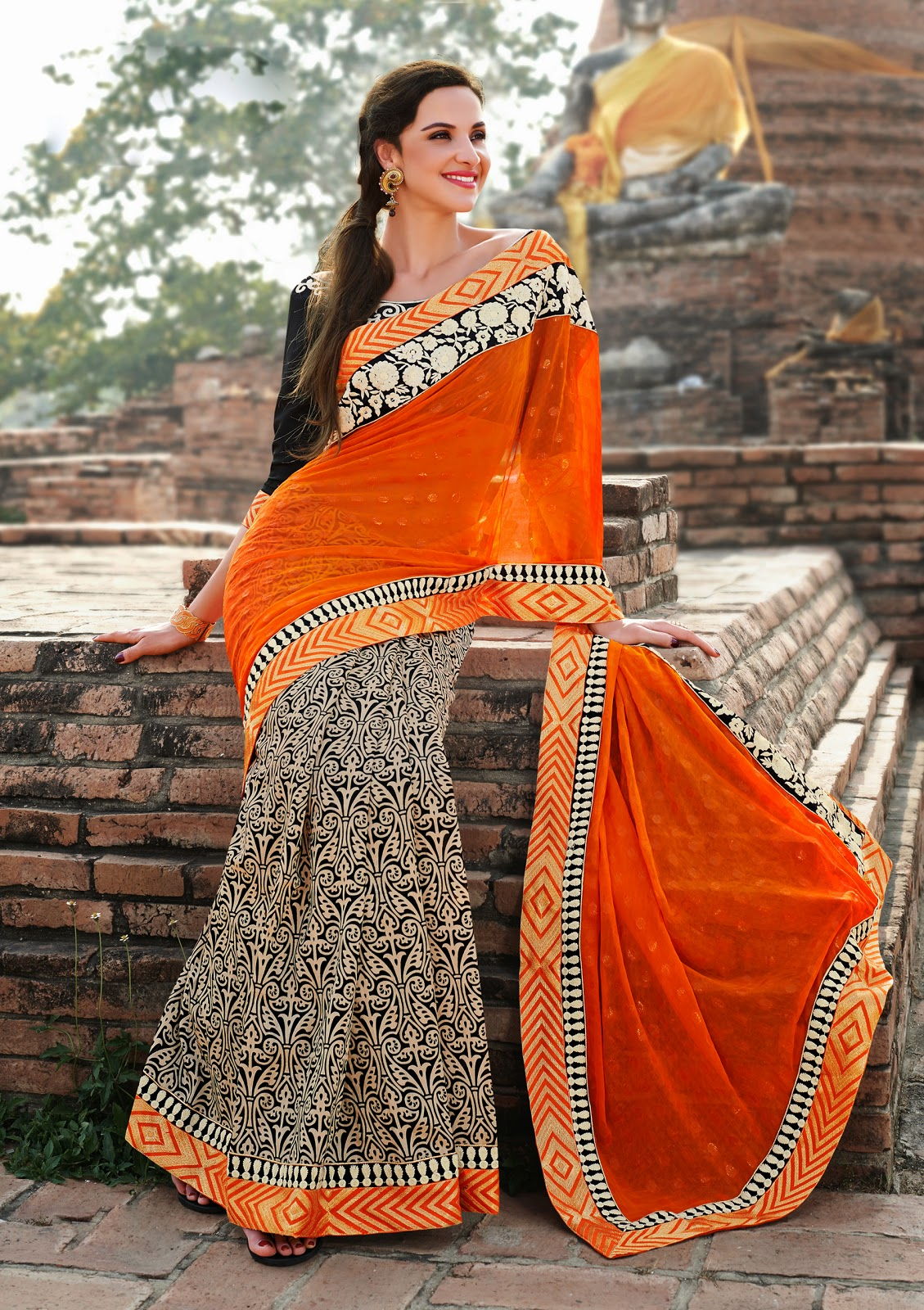 21 Black-Orange Chiffon Half And Half Saree