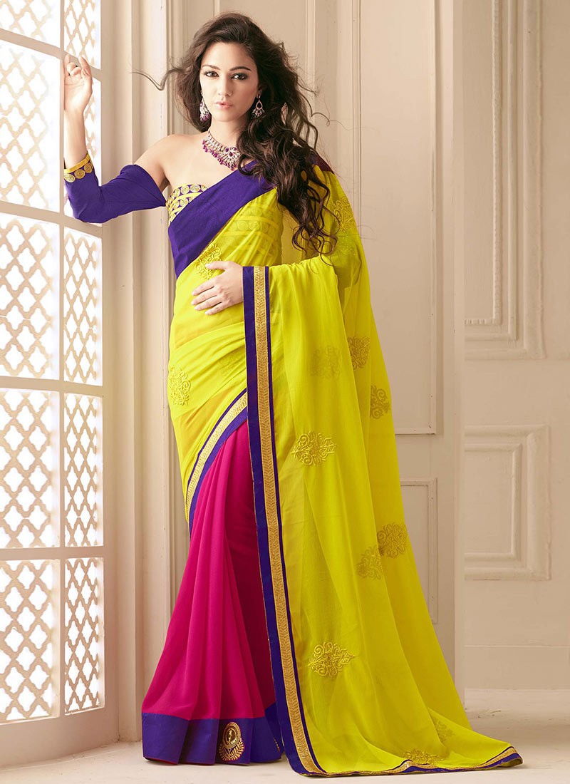 22 Yellow-Magenta Half And Half Saree With Embroidery Work