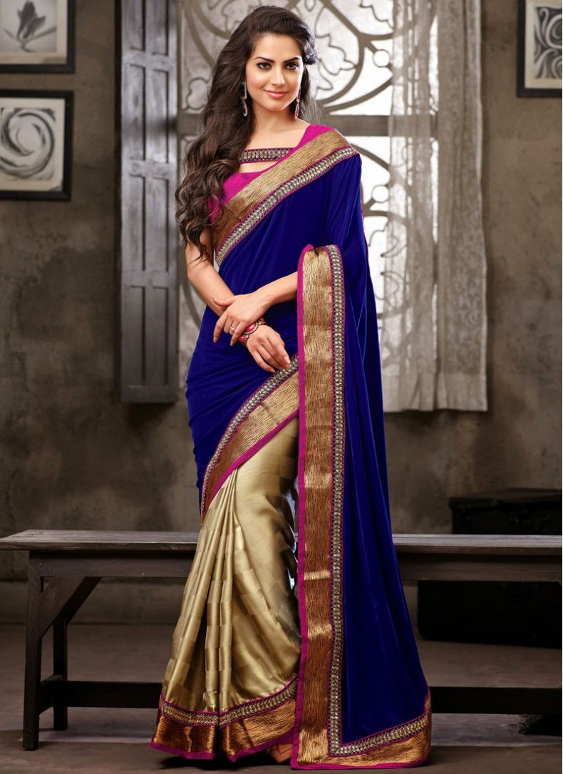  25-Beige-Blue-Satin-Georgette-Half-And-Half-Saree