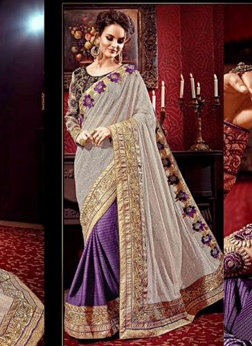 Beige-Violet Designer Half And Half Saree