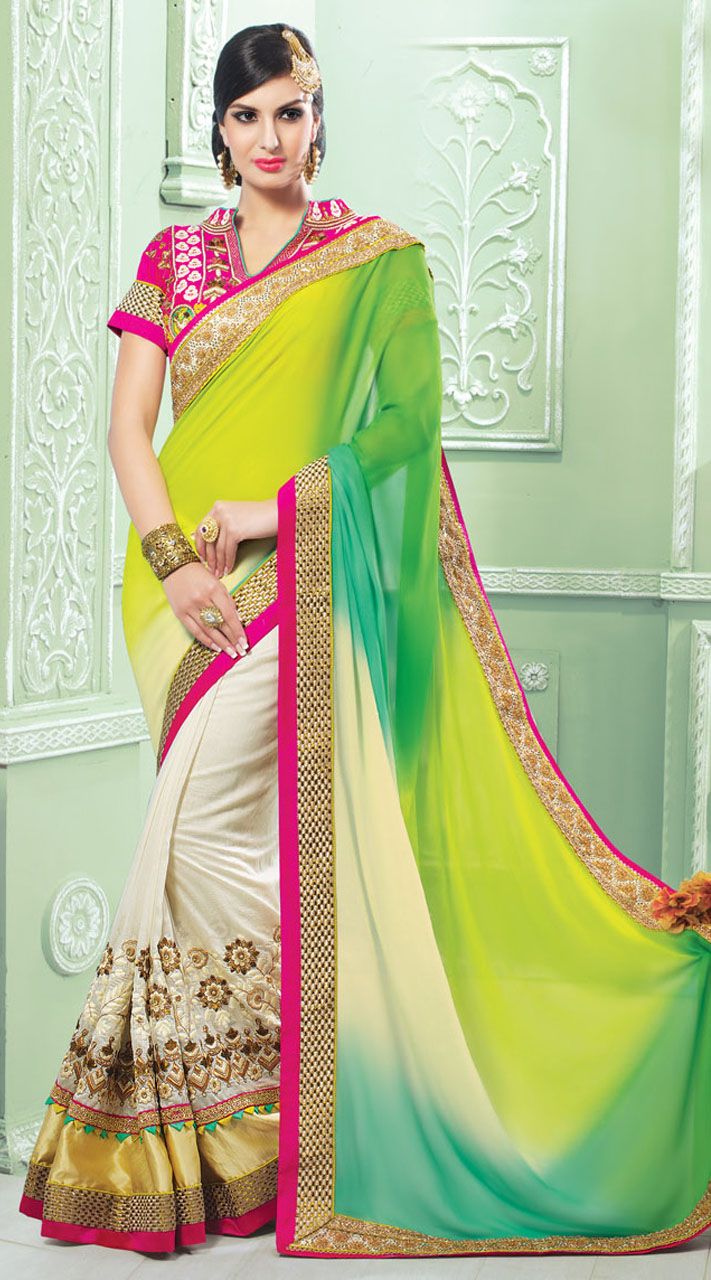 28 White Viscose Georgette Light Green Pallu Half-Half Saree