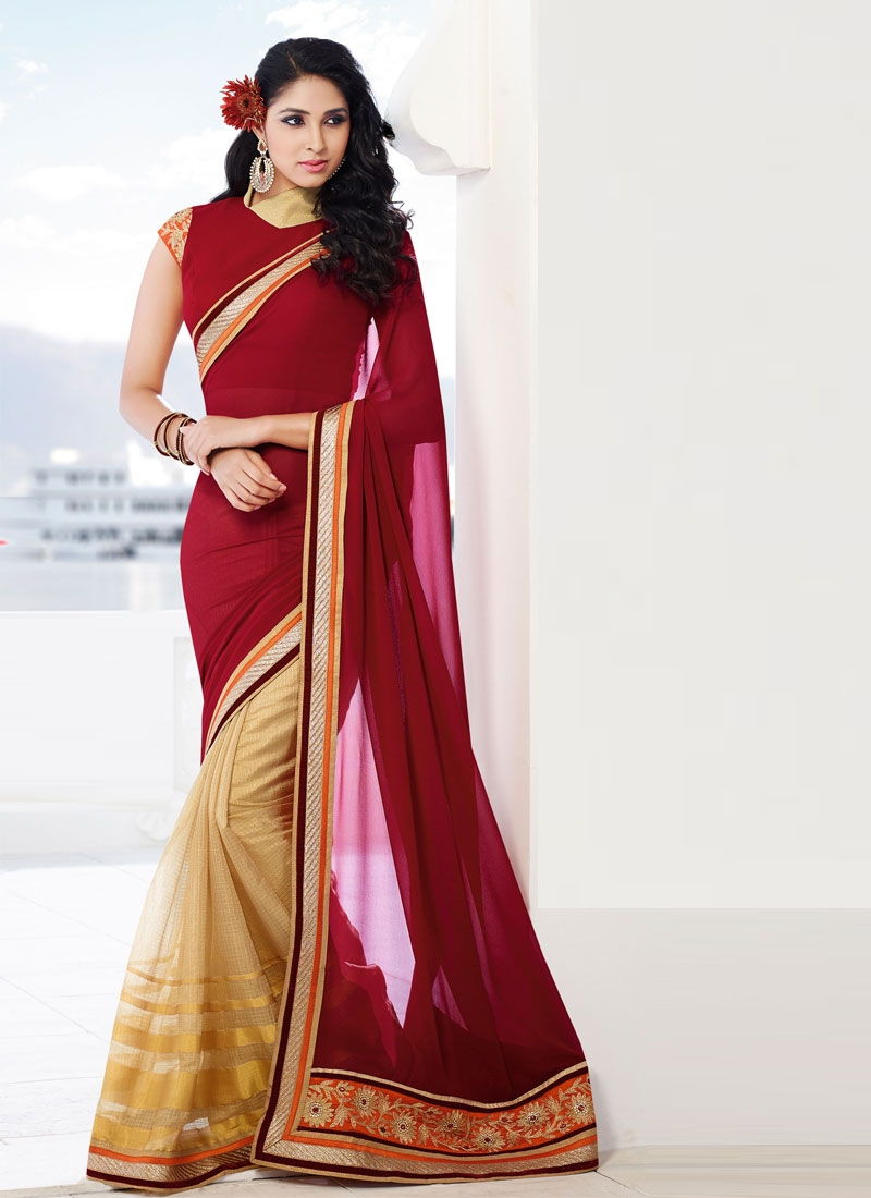 30 Golden Cream Super-Net And Dark Red Georgette Pallu Half-Half Saree