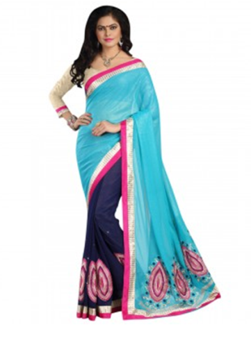 Half Sarees-17 Sky Blue And Navy Blue Half-Half Saree