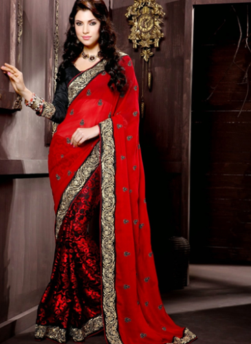 Half Sarees-19 Red And Black Half And Half Saree