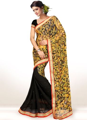 Half Sarees-6 Black And Yellow Half-Half Floral Printed Saree