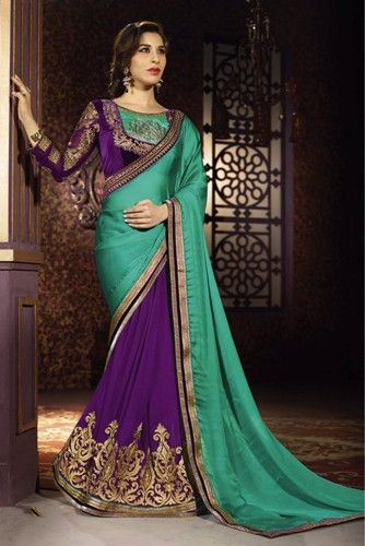 Half Sarees-7 Green-Purple Half And Half Chiffon Satin Saree