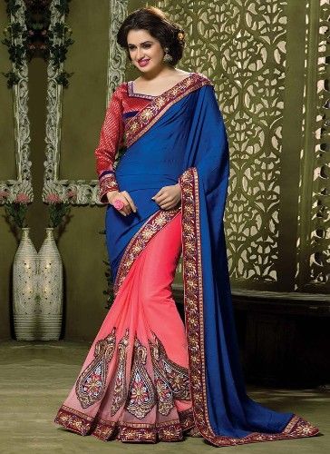 Half Sarees-8 Peach And Blue Chiffon And Soft Net Half Saree