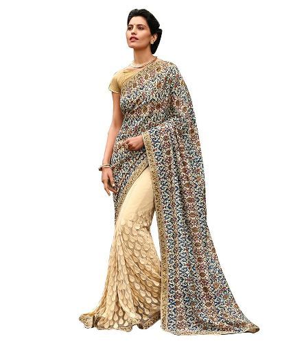 Half Sarees-9 Half And Half Beige Saree With Prints And Zari Embroidery