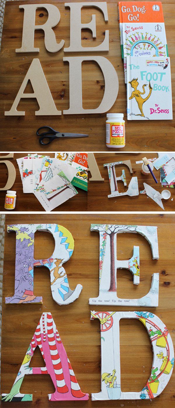 DIY DECOUPAGE DR. SEUSS READ SIGN FOR CHILDREN’S BOOK NOOK