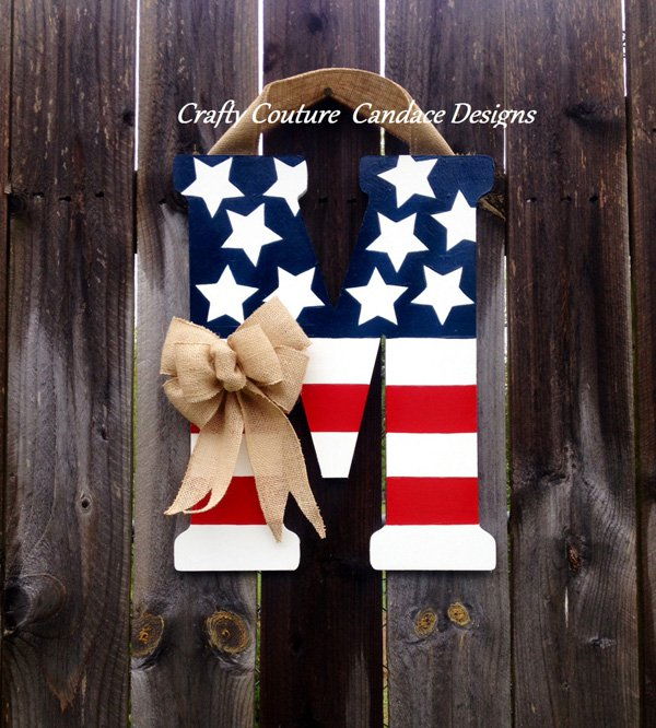 Patriotic Monogram Door Hanger with Burlap Bow