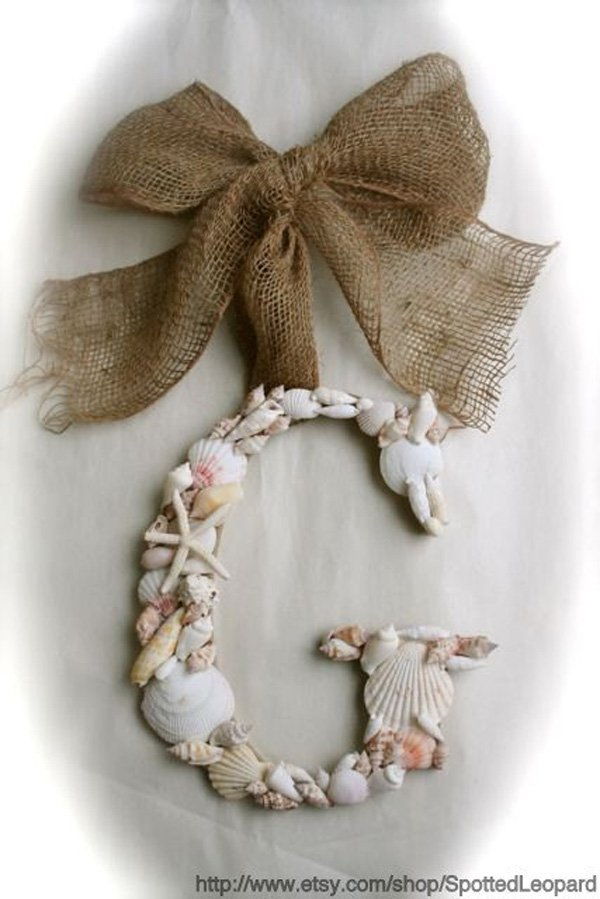 SEA SHELL Covered 12 Inch WEDDING Initial Letter Monogram Door Wreath