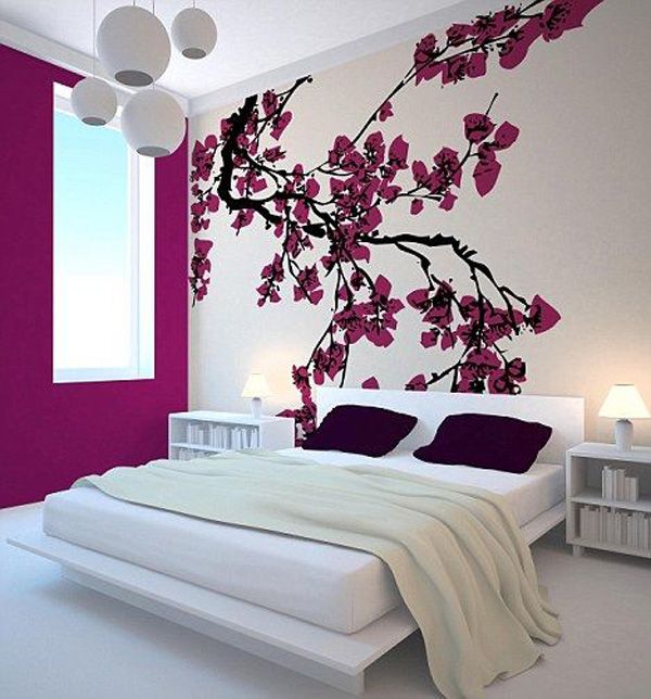 modern Japanese bedroom with cherry blossom wall decor