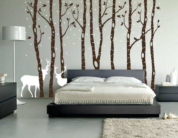 Birch Tree Wall Decal Forest with Snow Birds and Deer Vinyl Sticker Removable