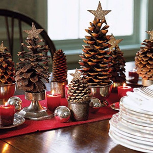 interesant decor ideas for christmas with small pine cones combined star in top also red candle and silv