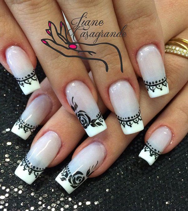 Gary and white with flower frech nail art