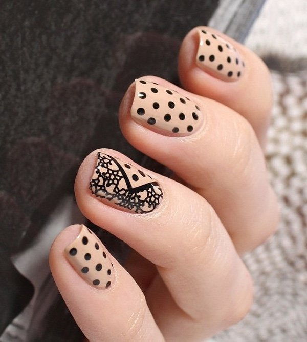 Meztelen color with dots and lace nail art