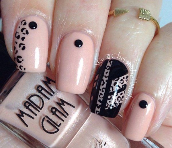 Meztelen color and black with leopard nail art