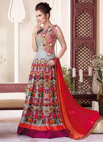 Floral design net salwarsuitannarkali floor length