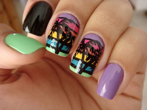 Stripes and Palm tree nail art