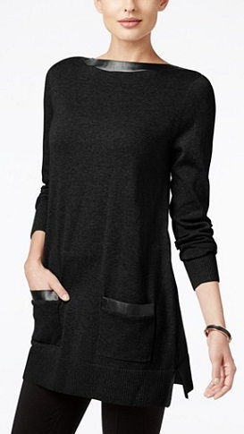 Jeanne Pierre Faux-Leather-Trim Tunic Sweater