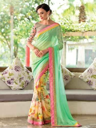 Spausdinta Saris-Mint And Cream Floral Sari 9