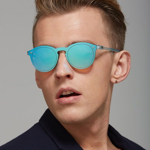 Sky Blue Round Reflective Sunglasses for Men