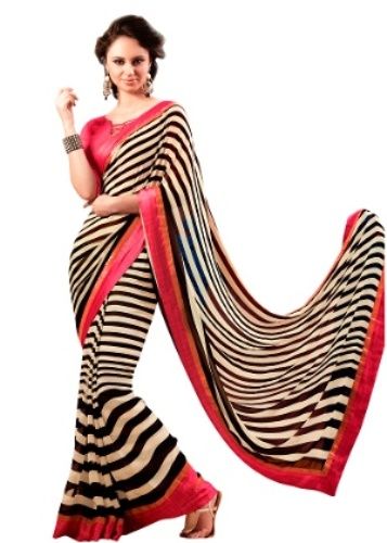 Multi Colored Block Printed Crepe Saree