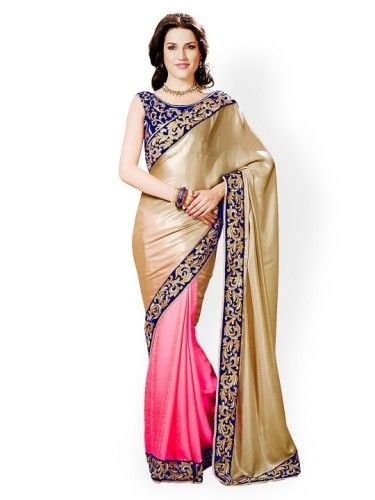 Crepe Sarees-Pink And Beige Crepe Half And Half Designer Saree 09