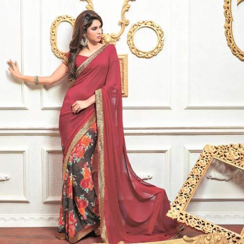 Išgalvotas Sarees-Red Saree With Floral Pattern 7