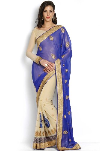 Pamut Sarees-Beige And Blue Cotton Saree #2(half-half) 6