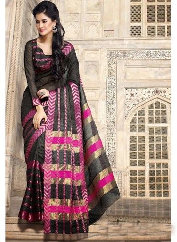 Pamut Sarees-Black And Pink Cotton Saree 30