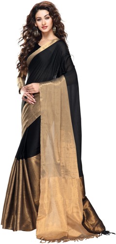 Pamut Sarees-Solid Gold And Black Cotton Saree 14