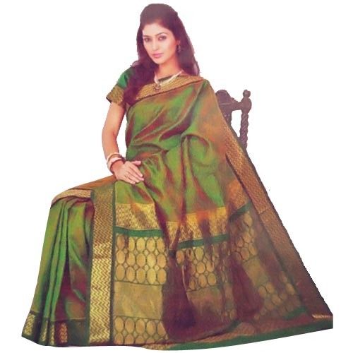 Jaquard Sarees-Green Gold Two Tone Jacquard Saree 2